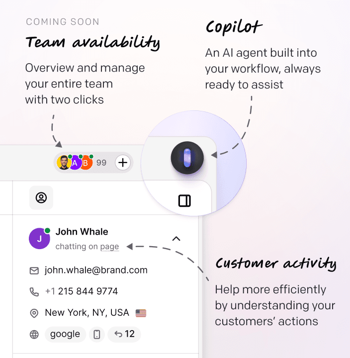 Copilot built into the app to assist your team with accurate answers. Team availability and customer activity insights.