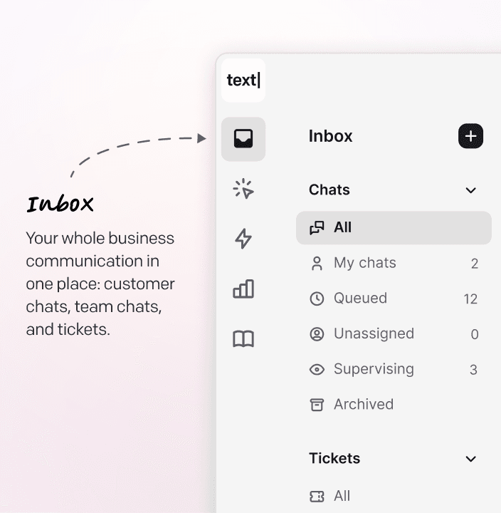 Inbox section in the Text App for all conversations — chats, archived messages, tickets, and team chats.