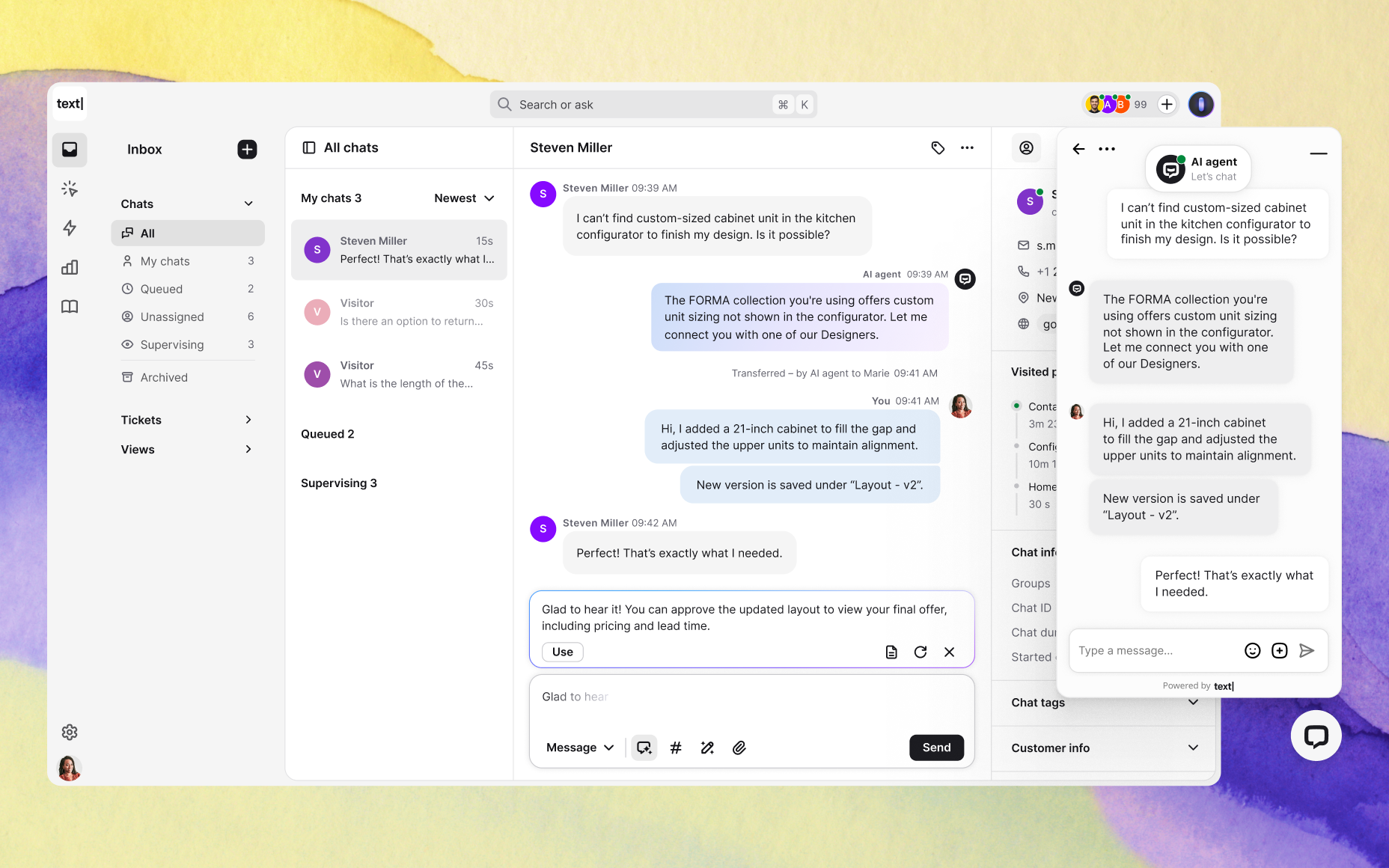 Text App interface displaying a customer support dashboard with active chats, AI-assisted replies, and a live widget interaction where an agent helps a customer with custom kitchen cabinet configurations.