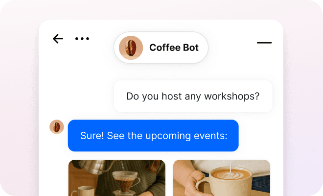 Text App chatbot inviting the visitor for live events.