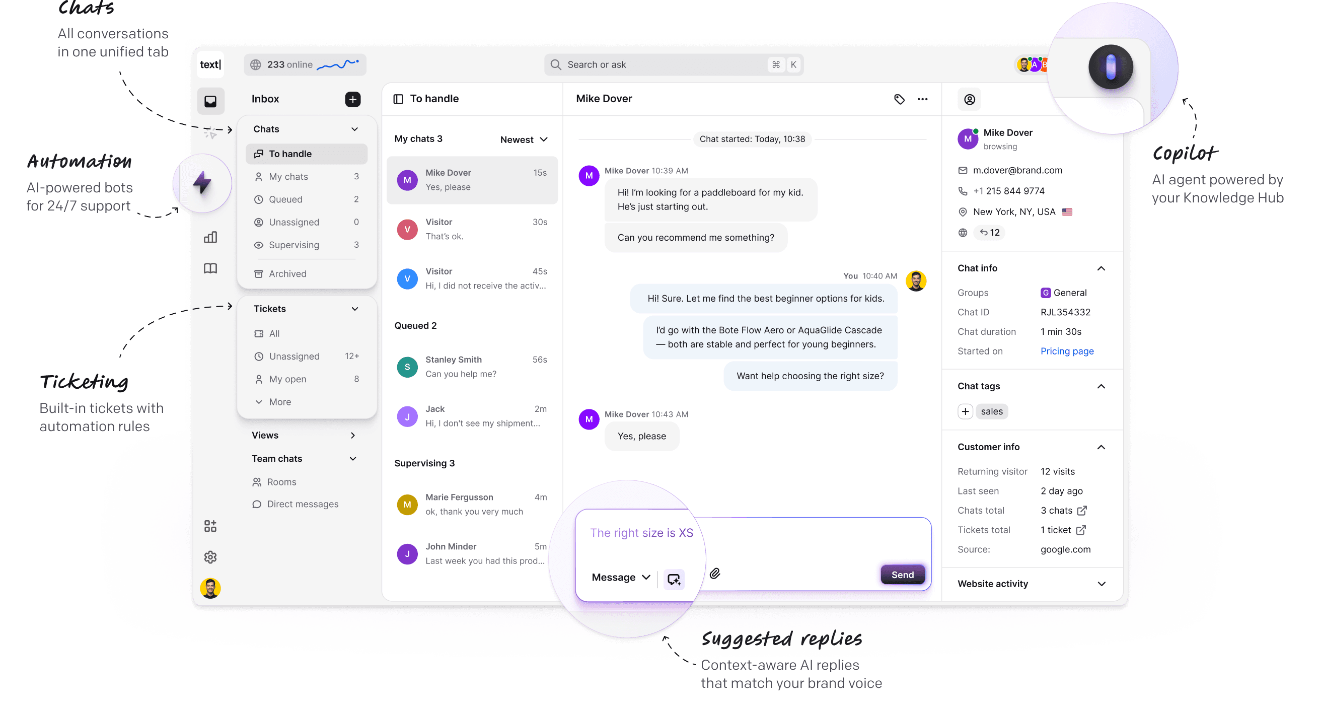 Preview of the new Text App interface showing chats, ticketing, and automation organized together in a unified workspace