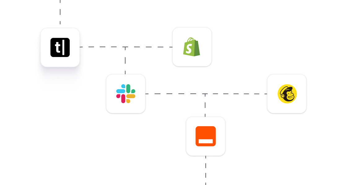 Icons of apps (e.g. Slack, Shopify, Mailchimp) integrated with Text App workflows.