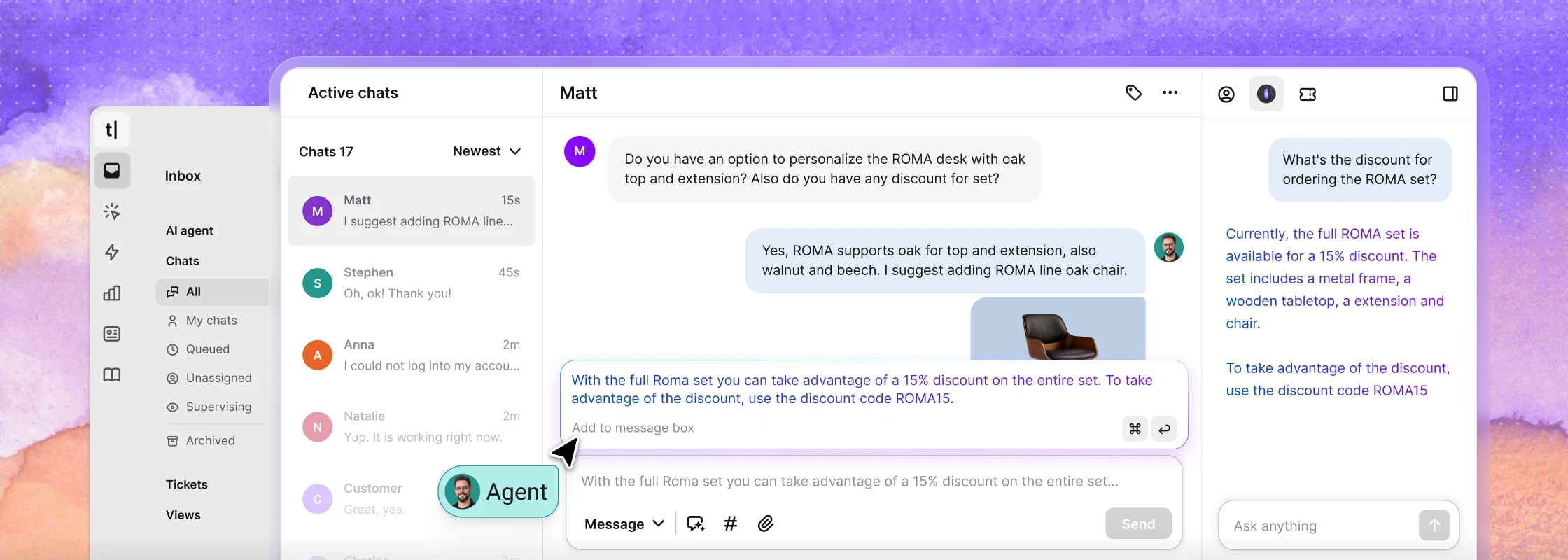 Screenshot of the Active chats view in the Text App, showing a customer conversation with an AI-generated reply suggestion from Copilot.