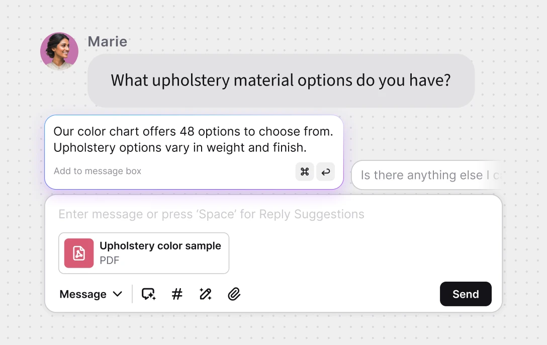 Screenshot of the message box in the Text App, showing an AI-generated reply suggestion from Copilot.