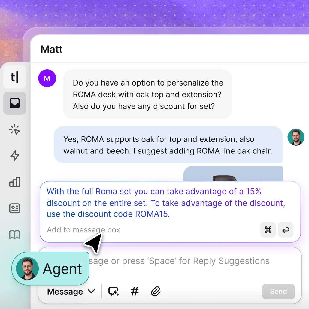 Screenshot of the Active chats view in the Text App, showing a customer conversation with an AI-generated reply suggestion from Copilot.