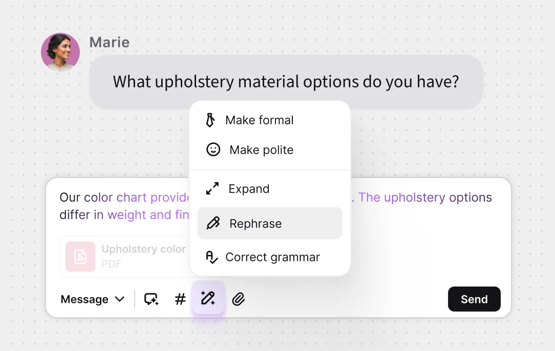 Screenshot of the message box in the Text App showing automated options to refine text.