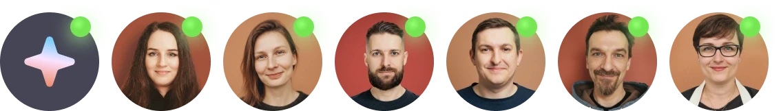 A row of profile images representing Text’s AI agent and human support team.