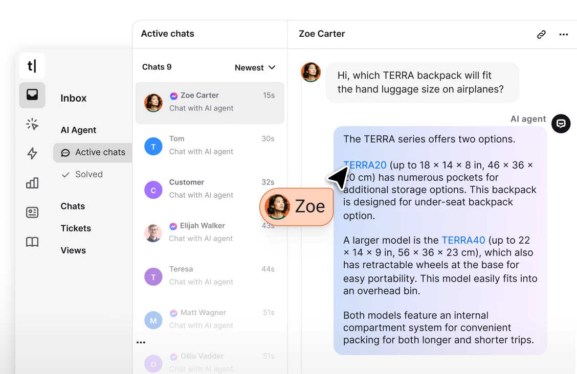 Screenshot of the Inbox view in the Text App, showing AI-powered customer service conversations.
