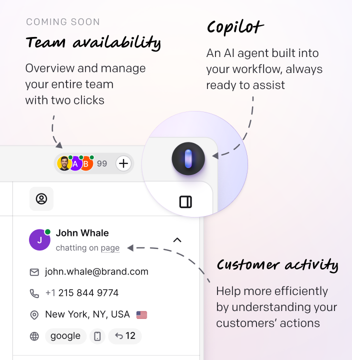 Copilot built into the app to assist your team with accurate answers. Team availability and customer activity insights.