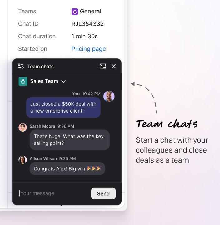 Team chats inside the Text App that help you deliver smooth service by staying in touch with your team, all withing the app.