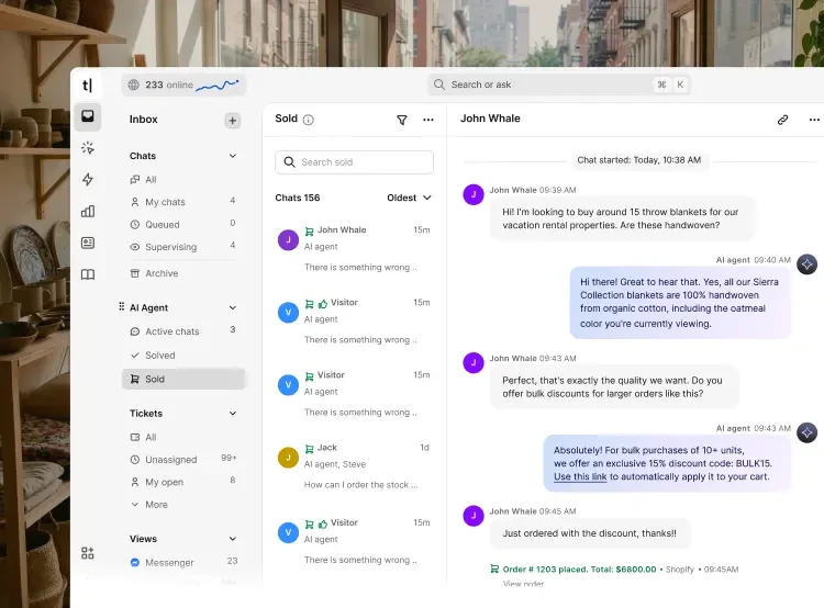 AI customer service dashboard showing chat conversations and customer information