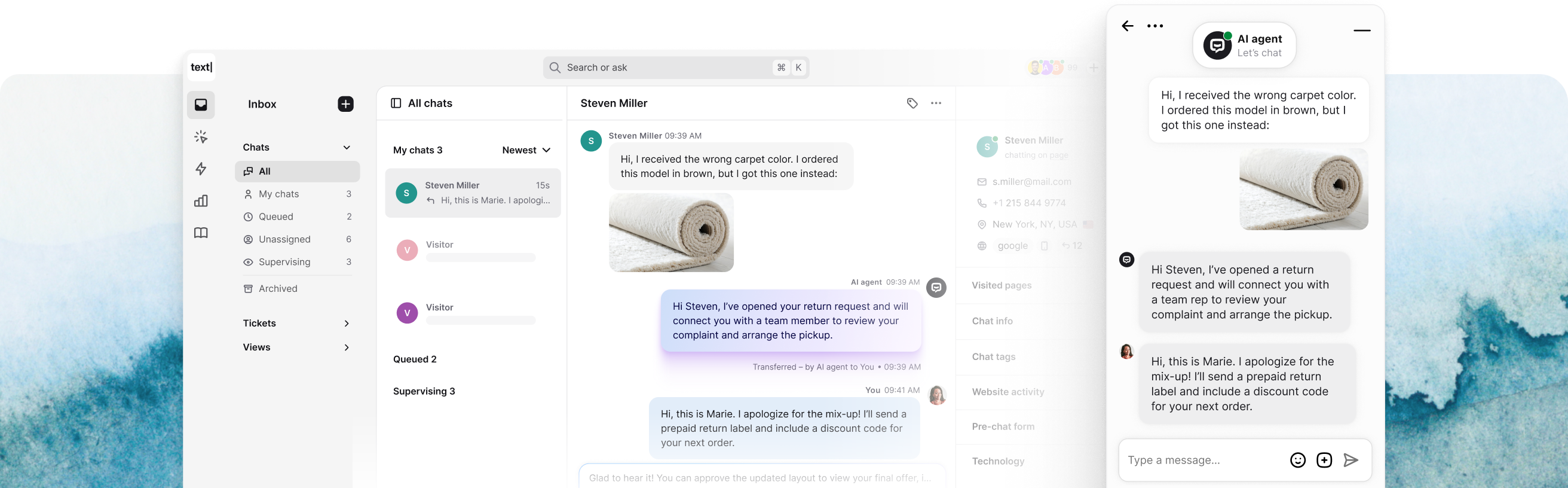 Text App, an AI customer service automation platform’s dashboard, showing a product interface and chat widget where an AI agent hands off a wrong delivery case to a human agent.