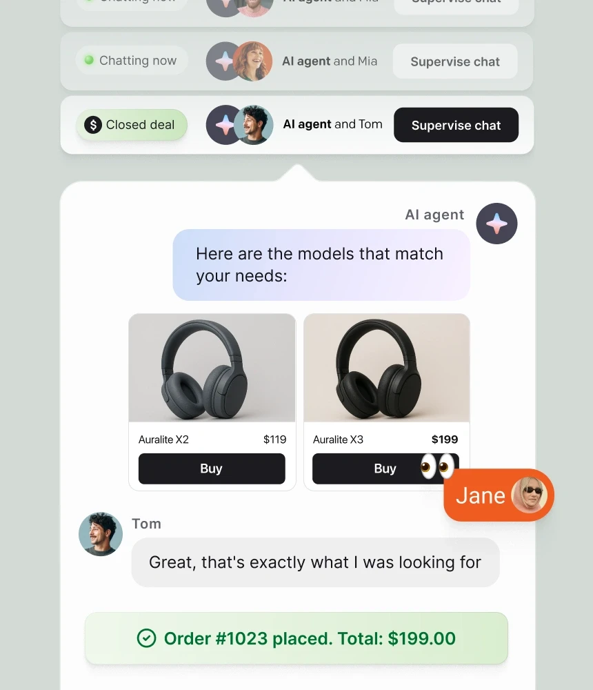 A real-time Text app interface showing an AI agent recommending products to a customer while a team member supervises the chat, demonstrating how AI agents assist sales teams with automated product suggestions.