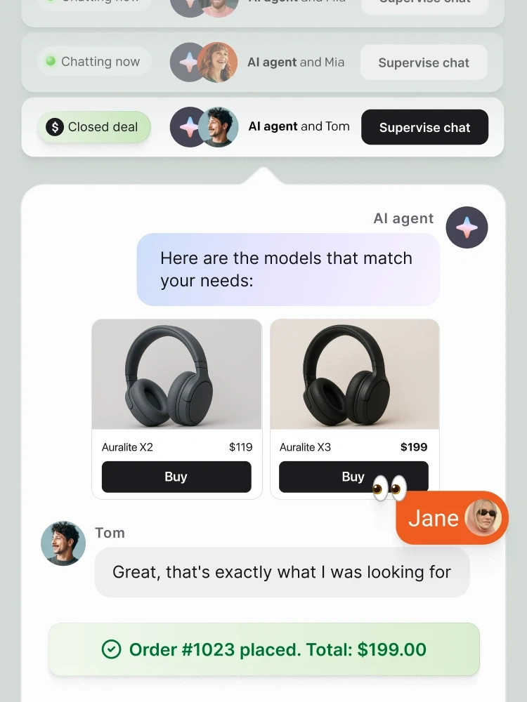 A real-time Text app interface showing an AI agent recommending products to a customer while a team member supervises the chat, demonstrating how AI agents assist sales teams with automated product suggestions.