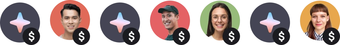 A row of AI agent and team member avatars with sales icons, illustrating how Text AI helps customer support agents close more deals by automating routine tasks.