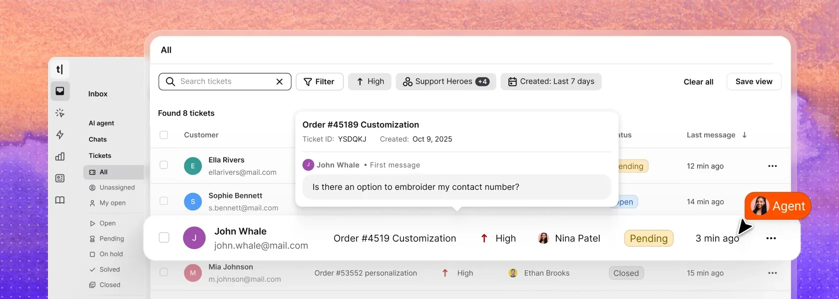 Screenshot of the All tickets section in the Text App, with ticket details highlighted to show request status, assignee, and conversation history.