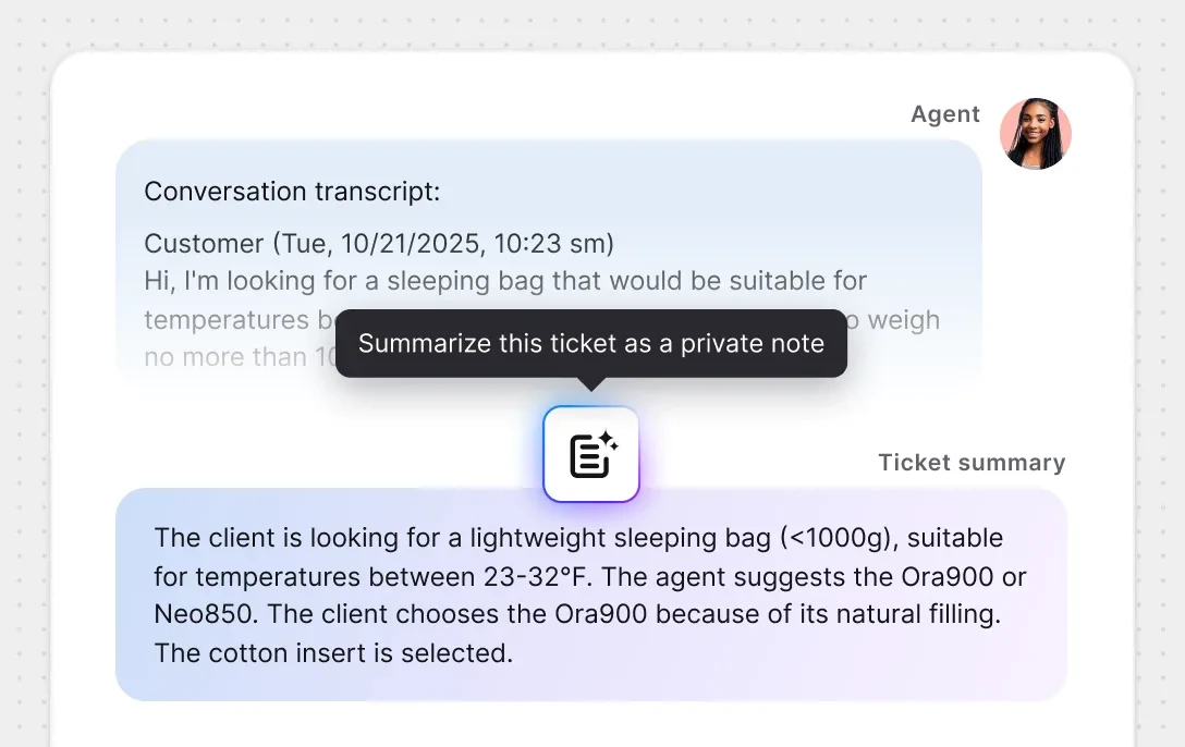 Screenshot of a ticket summary in the Text App, showing the option ‘Summarize this ticket as a private note.’