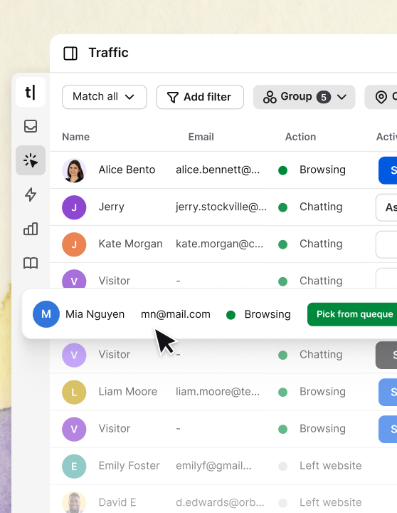 Live traffic view in Text App, showing a list of website visitors with details like name, email, activity status, country, and time on site. One visitor is highlighted with options to pick from queue or start chat.