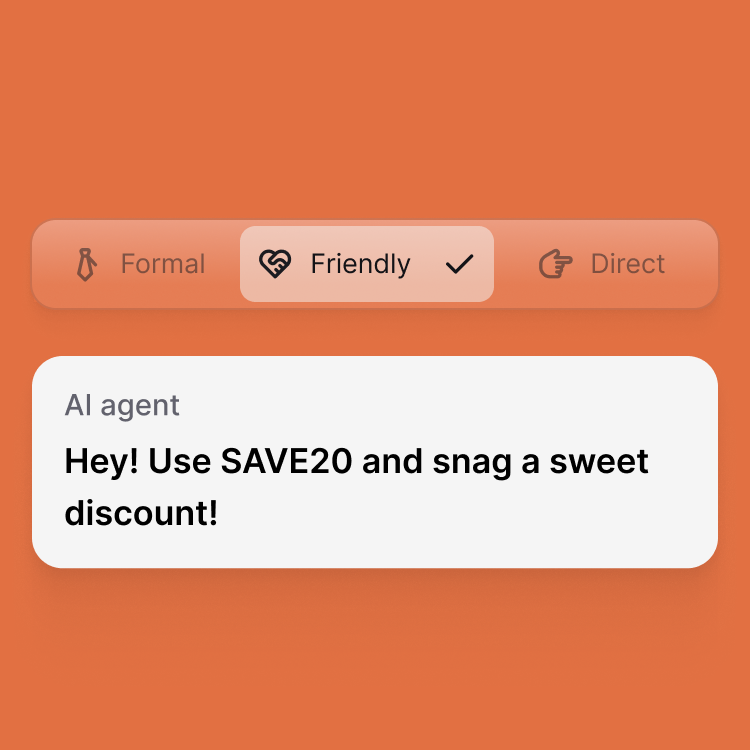 A Text interface showing an AI agent generating an on-brand customer message with adjustable tone settings, illustrating how AI agents support customer service automation while maintaining brand consistency.