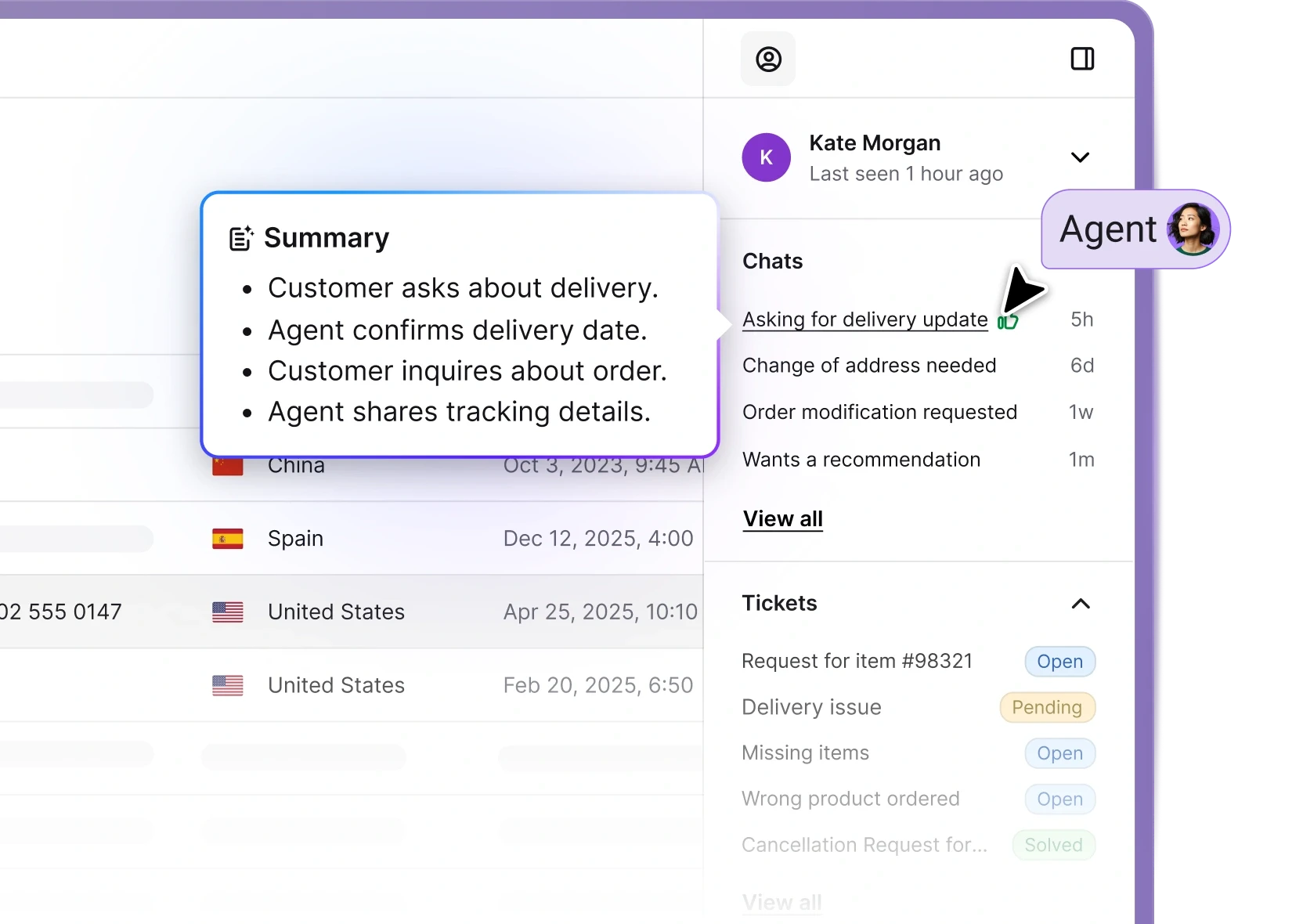 Chat summary showing key points from a customer conversation, displayed next to the customer’s recent chats and tickets in Text App.