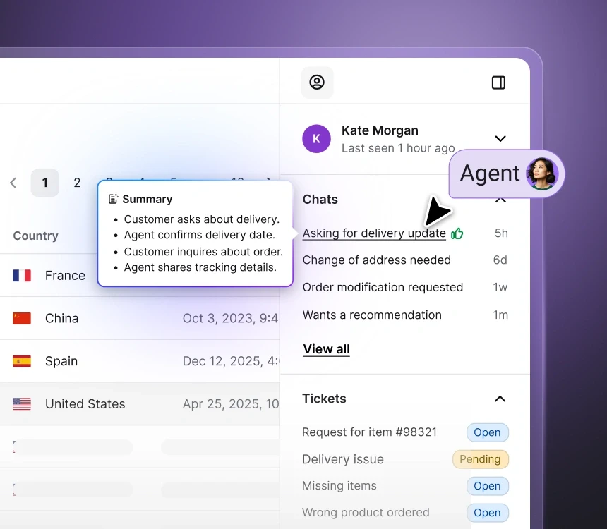 Chat summary showing key points from a customer conversation, displayed next to the customer’s recent chats and tickets in Text App.