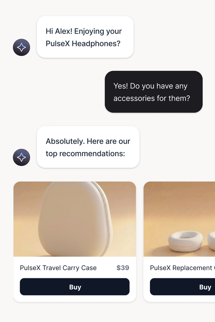 A chat interface showing an AI agent recommending headphone accessories to a customer, illustrating an automated cross-sell interaction with product options.