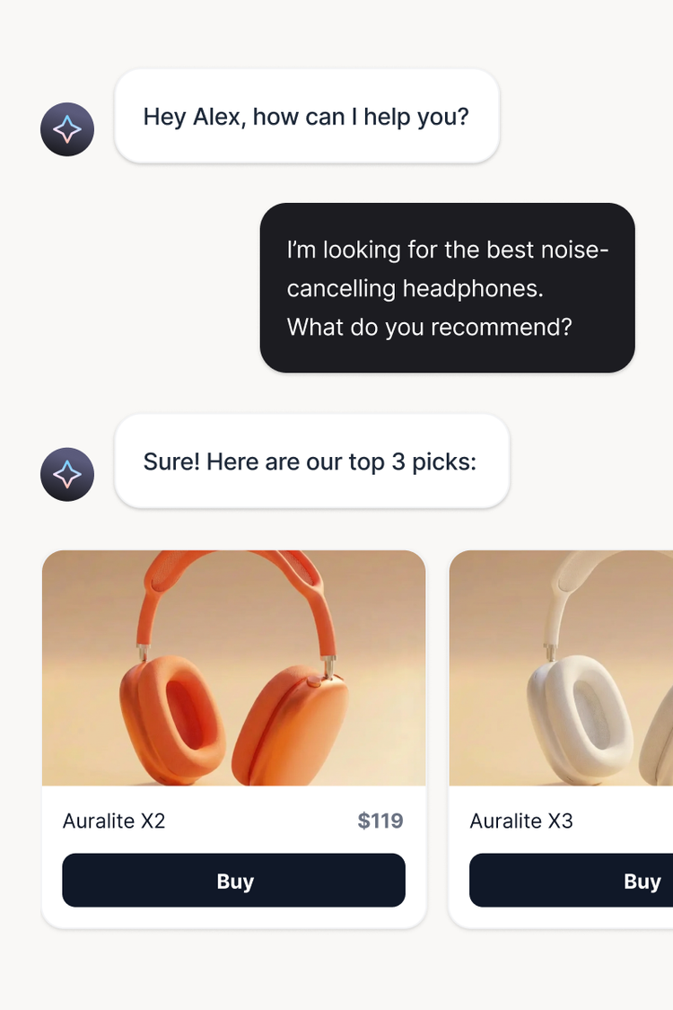 A chat interface with an AI customer support agent recommending headphone models to a customer through automated product suggestions.