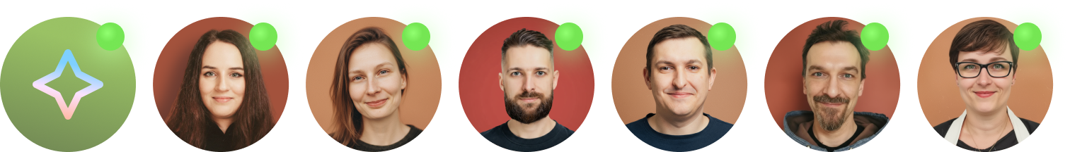 A row of profile images representing Text’s AI agent and human support team.