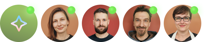 A row of profile images representing Text’s AI agent and human support team.