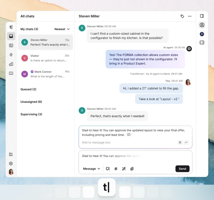 A desktop view of the Text App workspace showing a customer service conversation between an AI agent, a customer, and a human agent.