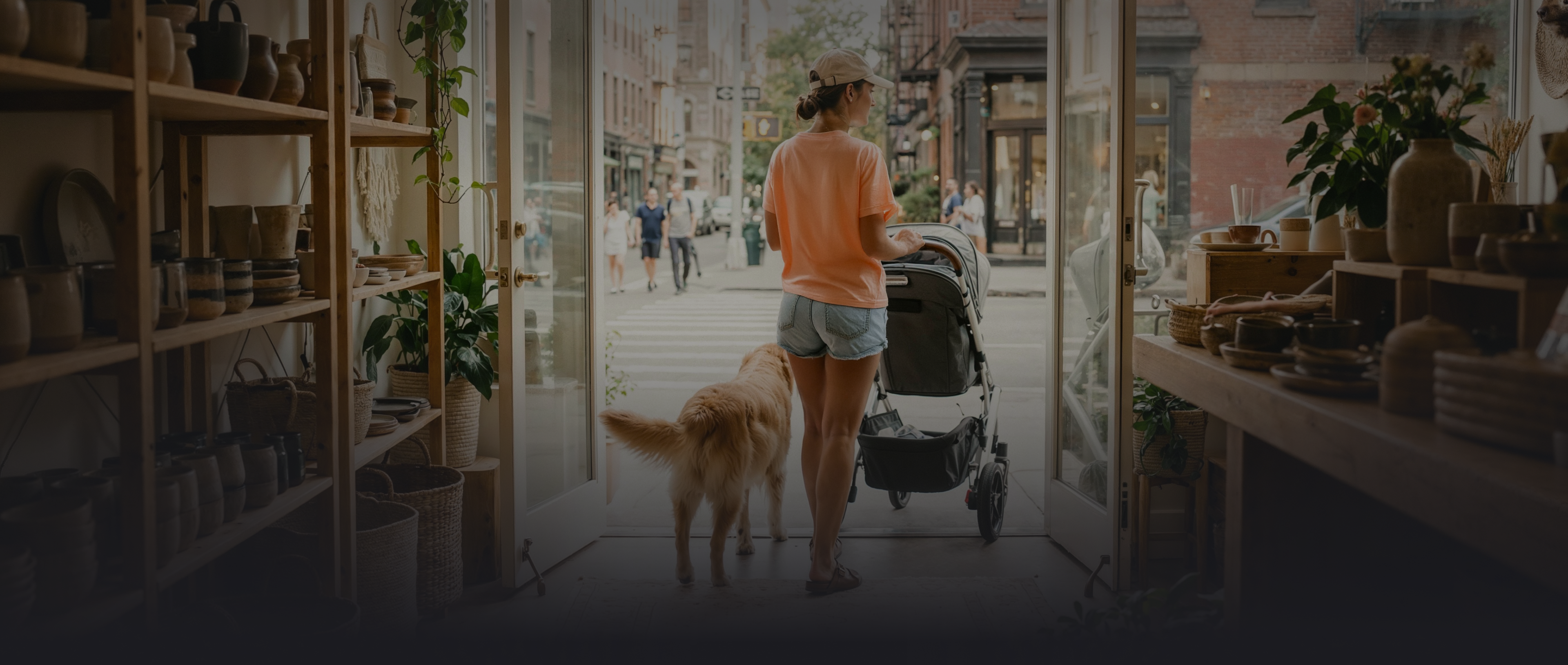 A customer walking out of a boutique store.