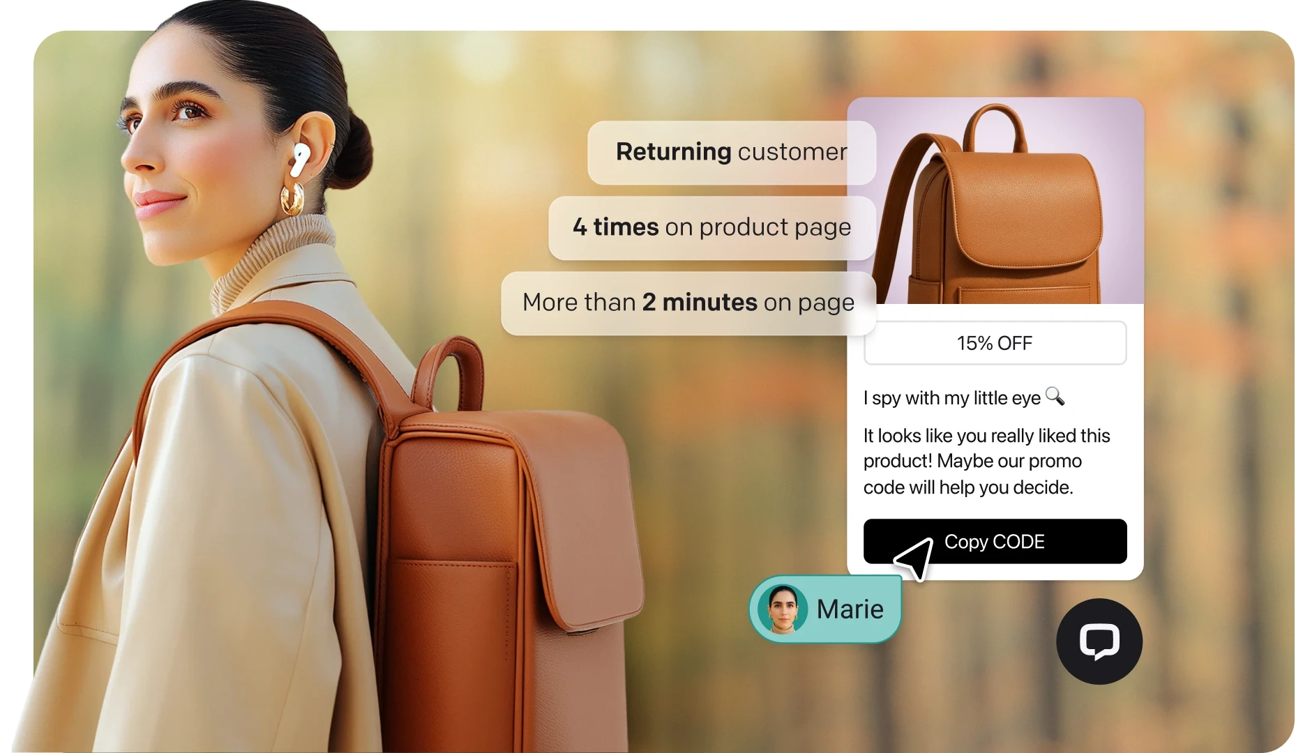 Returning customer viewing a product multiple times, receiving a personalized 15% off message with a promo code, shown alongside an agent indicator.