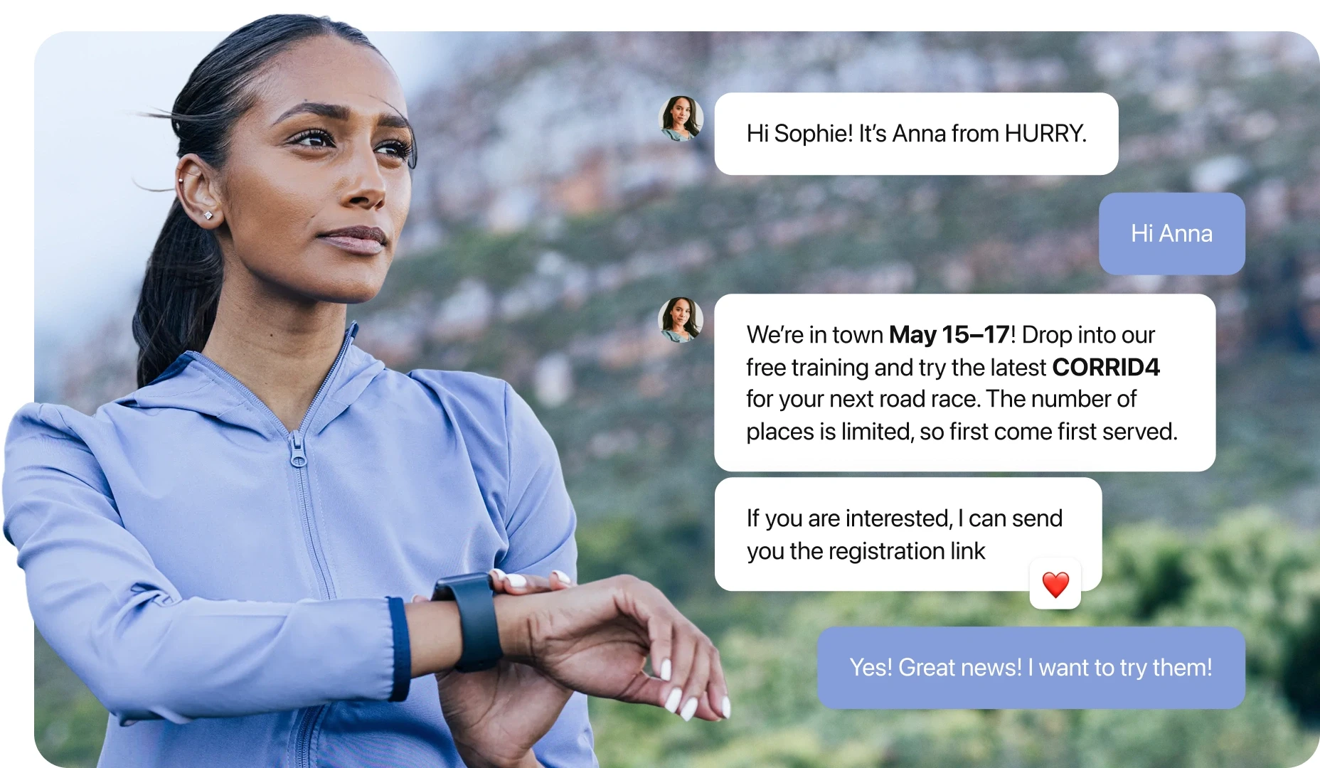 Customer chatting with a brand representative about an upcoming training event and new running gear, confirmed with enthusiastic replies.