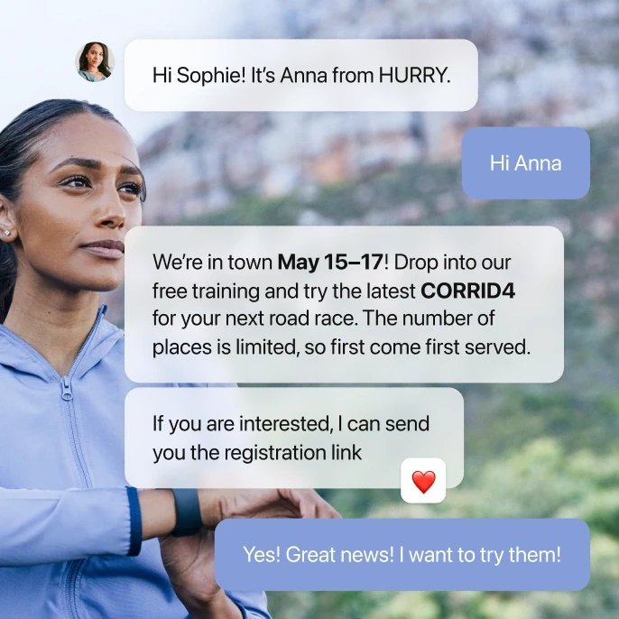 Customer chatting with a brand representative about an upcoming training event and new running gear, confirmed with enthusiastic replies.