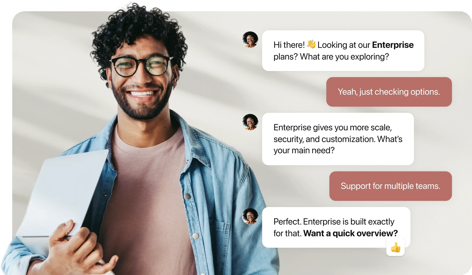 Customer chatting with an agent about Enterprise plans, discussing needs and receiving guidance on features.