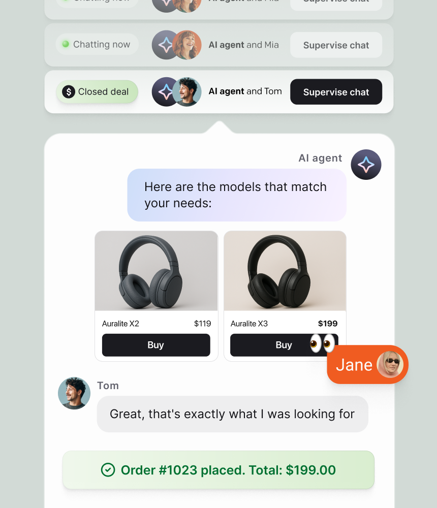 A real-time Text app interface showing an AI agent recommending products to a customer while a team member supervises the chat, demonstrating how AI agents assist sales teams with automated product suggestions.