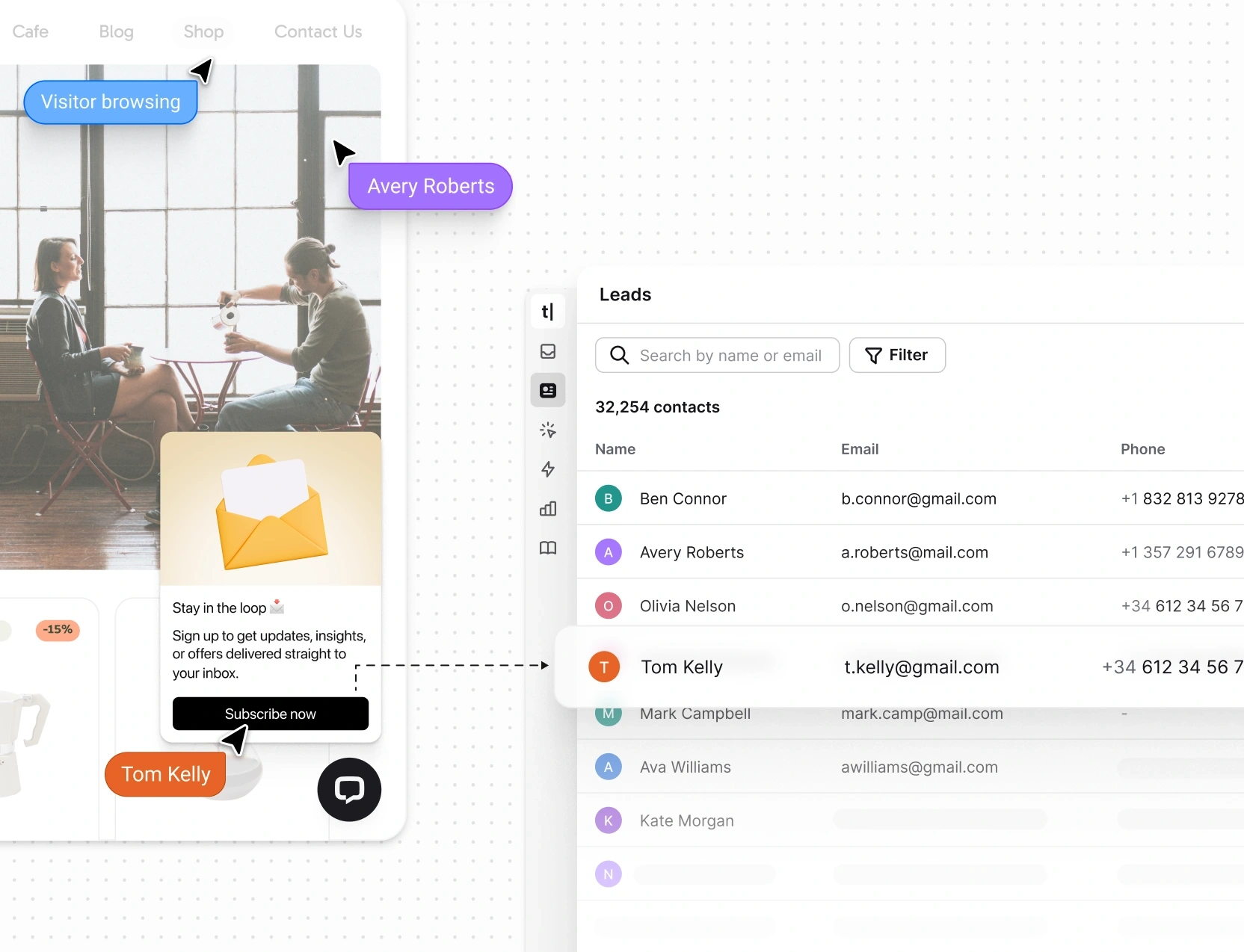 Website visitor actions displayed next to a leads dashboard, showing how users link to their profiles in the Text App contact list.