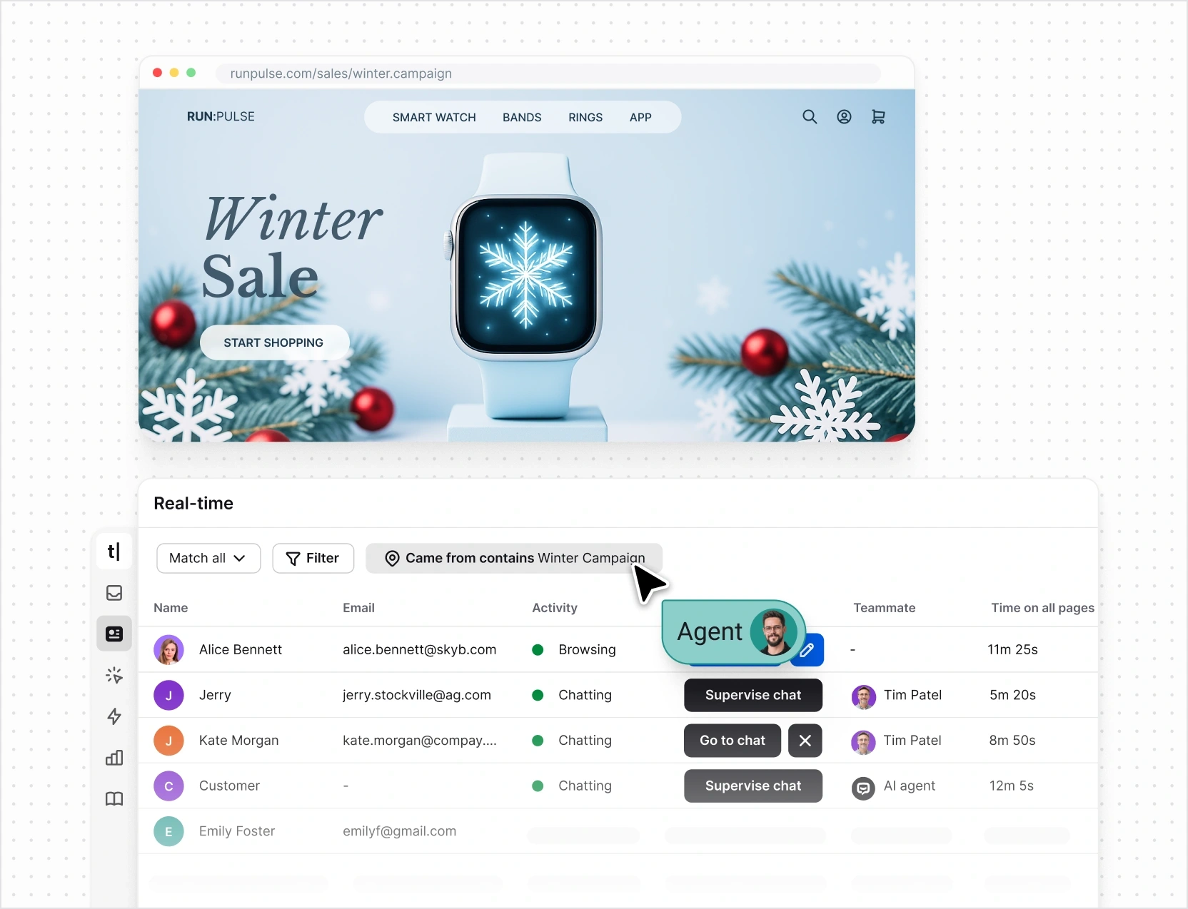 Visitors from a seasonal sale campaign displayed in the Text App’s real-time view, with agents available to join or supervise chats.