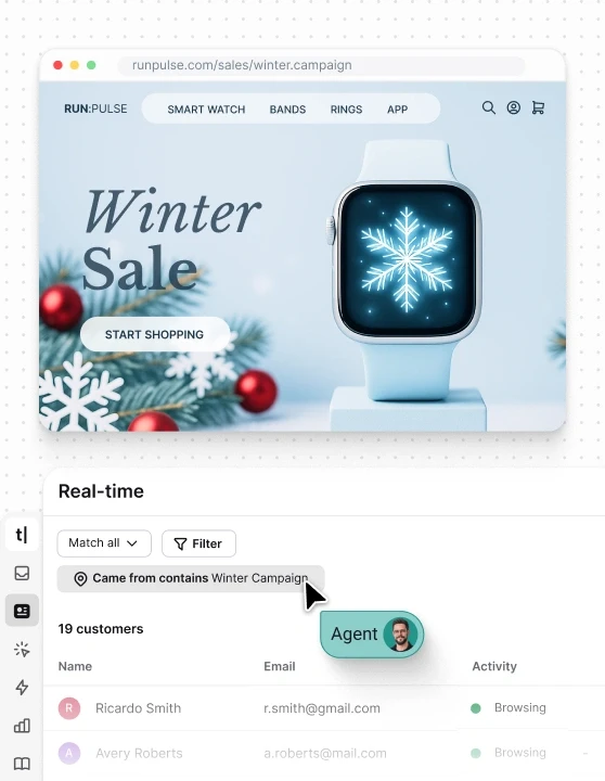 Visitors from a seasonal sale campaign displayed in the Text App’s real-time view, with agents available to join or supervise chats.