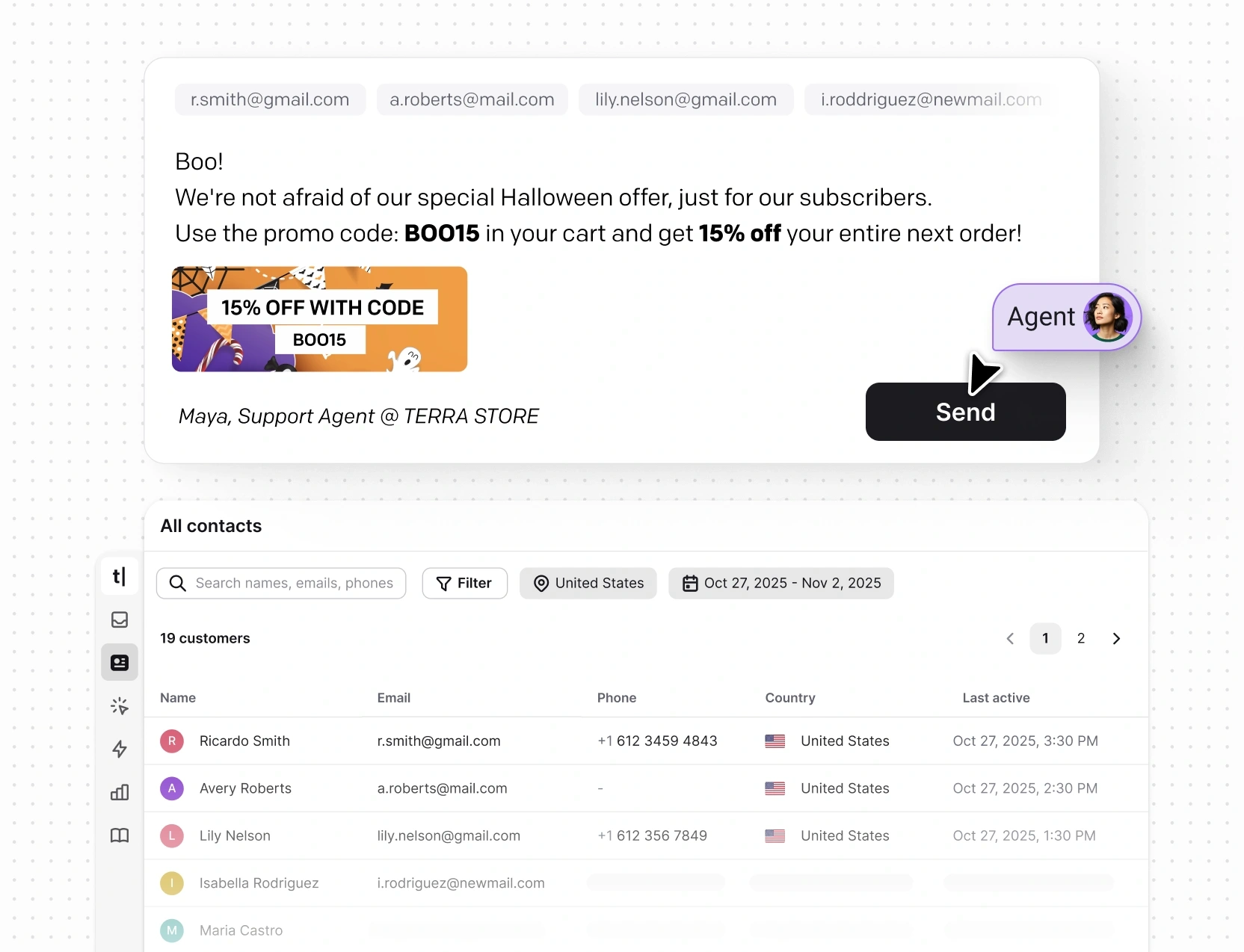 Agent sending a seasonal promo message to selected contacts, displayed above a customer list in Text App.