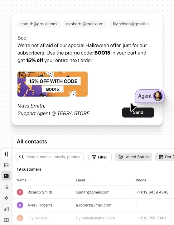 Agent sending a seasonal promo message to selected contacts, displayed above a customer list in Text App.