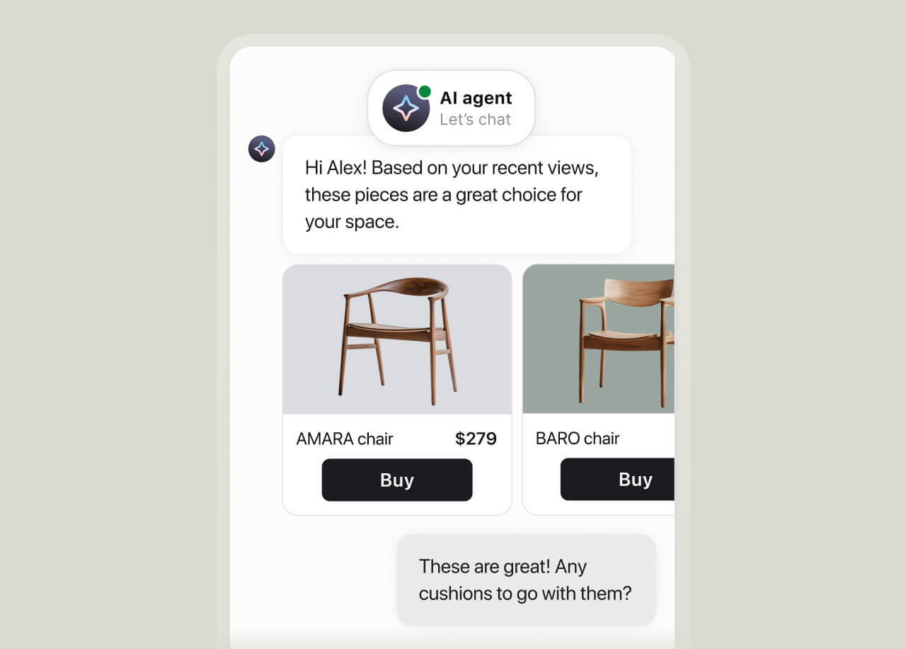 Text AI agent responding with the right recommendation, answer, or offer based on product, page, and hesitation.