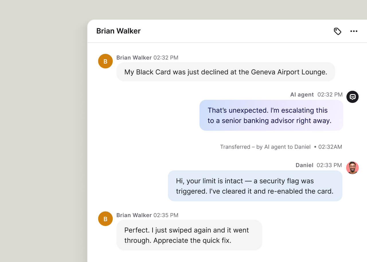 Text AI agent handing off to a human agent with full conversation, order details, and what was already tried.