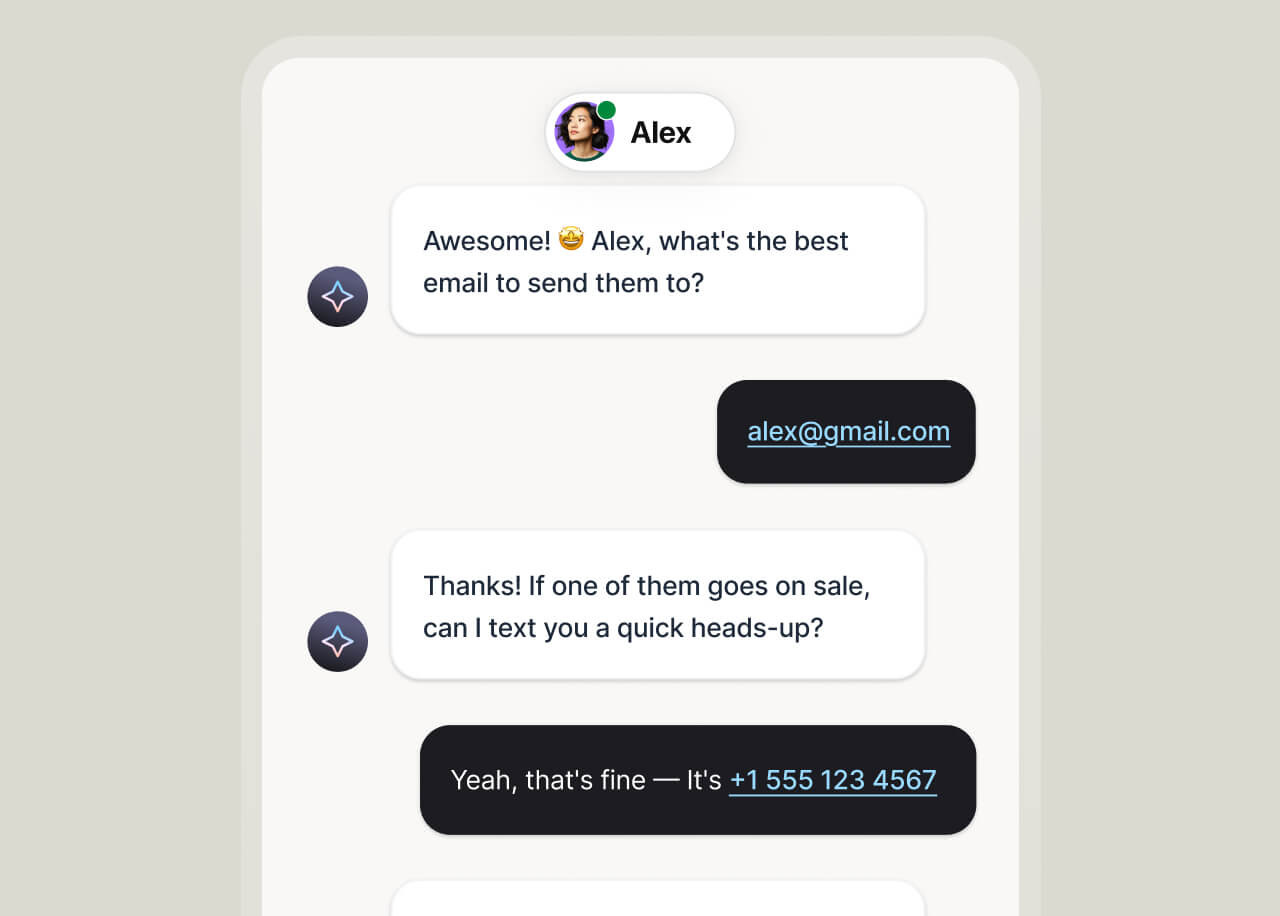 AI chat conversation with a customer named Alex. The AI agent asks for the best email address, then asks if it can send a text notification when an item goes on sale, and Alex agrees, sharing the phone number.