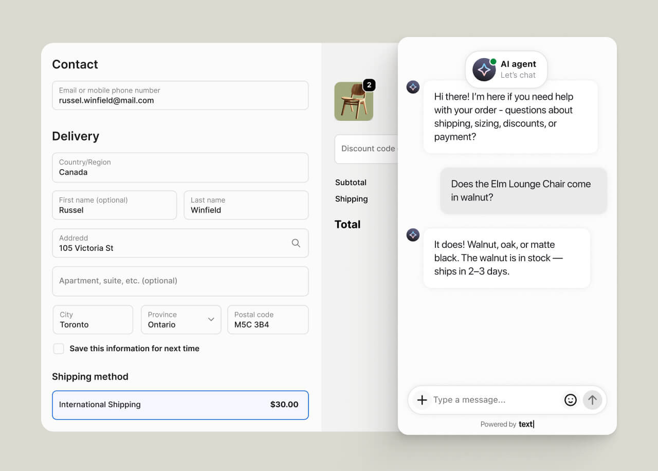 Text App interface showing the AI agent in a real-time customer support chat.