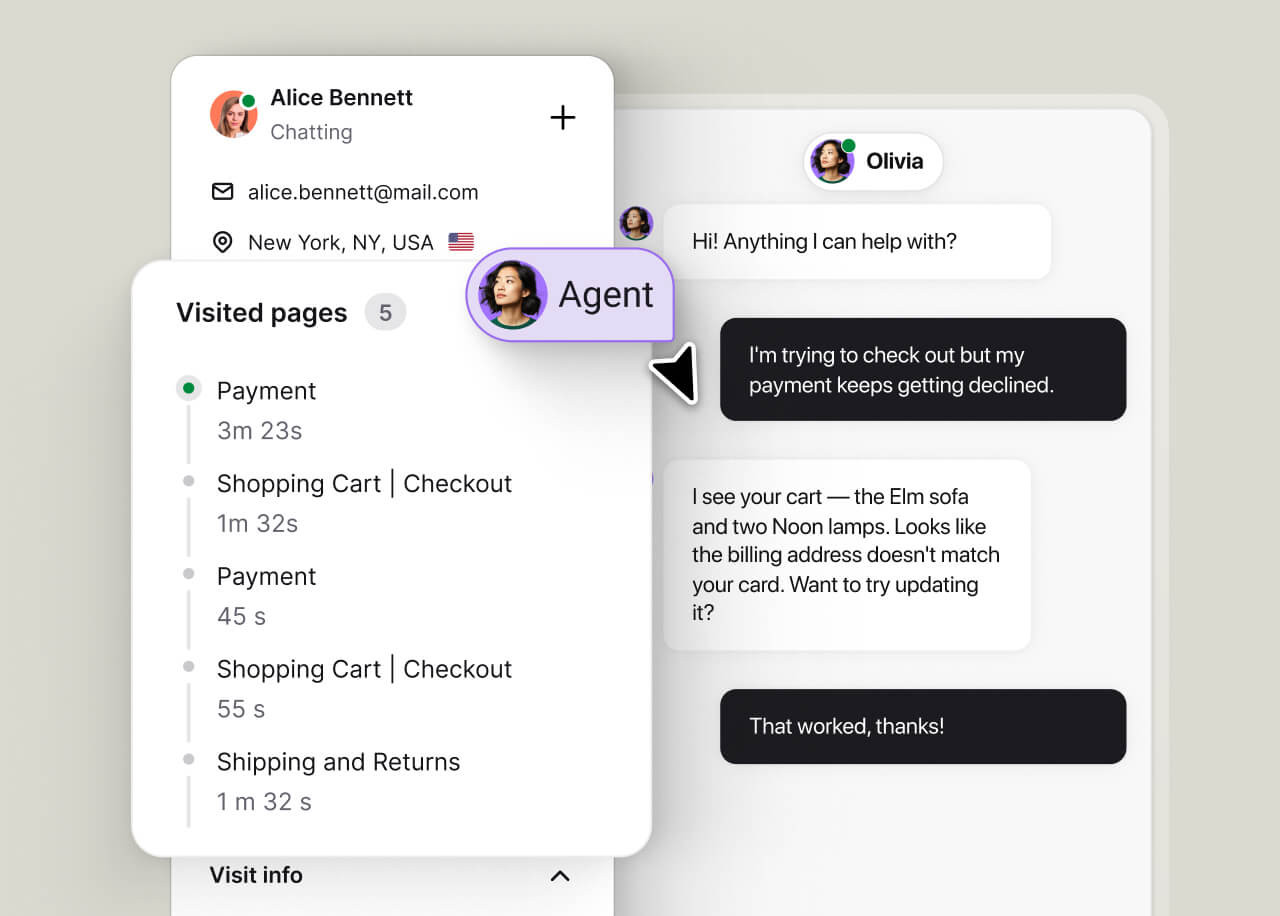 Text AI agent handing off a lead to sales with full context on what the visitor wants and how serious they are.