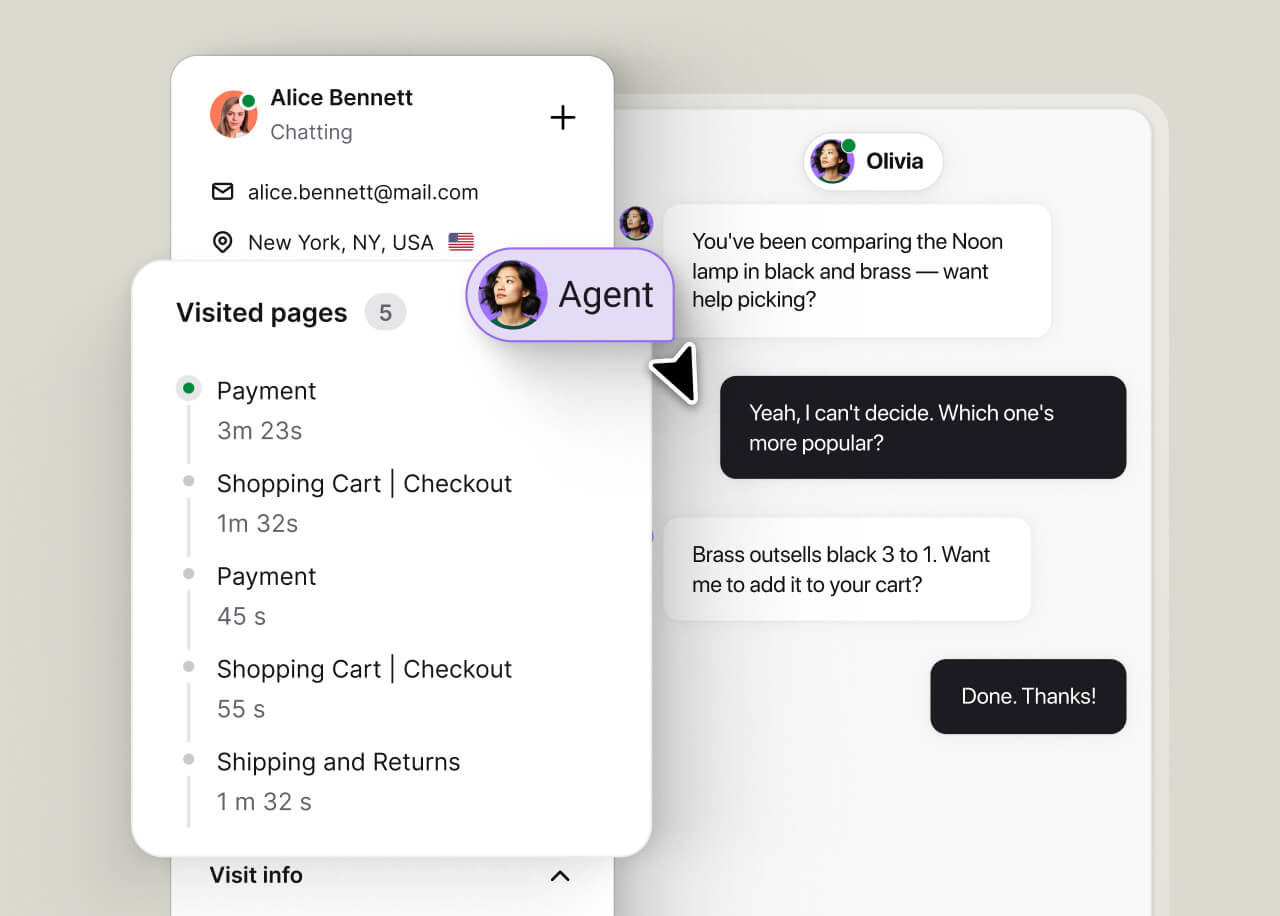 Text AI agent starting a conversation when visitor behavior shows hesitation or stalled browsing.