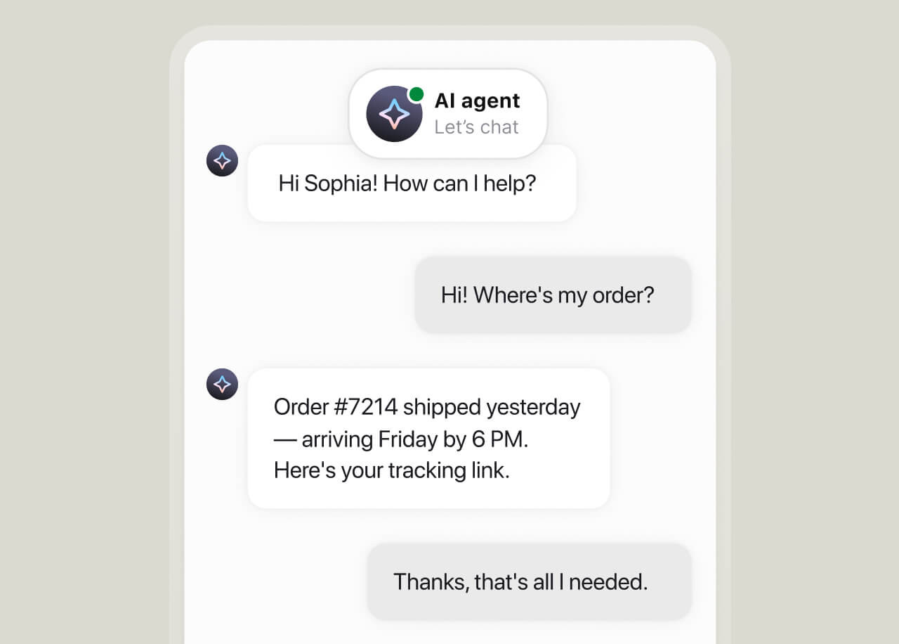 Text AI agent reading the question, pulling data, and closing the ticket end-to-end without human involvement.
