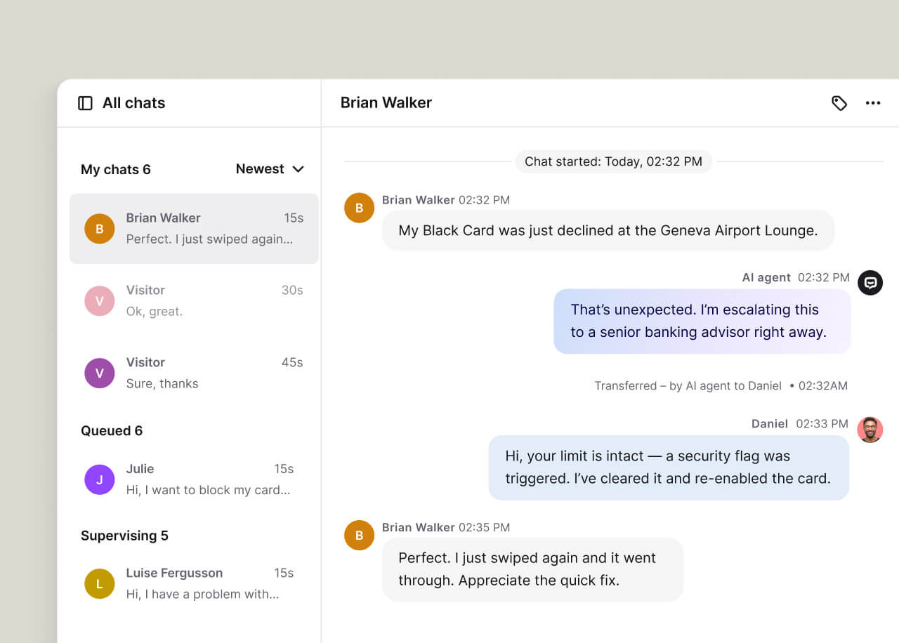 Text App dashboard showing an "All chats" panel with active, queued, and supervised conversations. The open chat with Brian Walker shows him reporting a declined Black Card at Geneva Airport Lounge. The AI agent escalates the issue to senior advisor Daniel, who resolves it by clearing a security flag. Brian confirms the card works again.